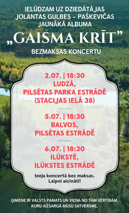 Ielūdzam uz dziedātājas Jolantas Gulbes- Paškevičas jaunākā albūma “Gaisma krīt” bezmaksas koncertu.